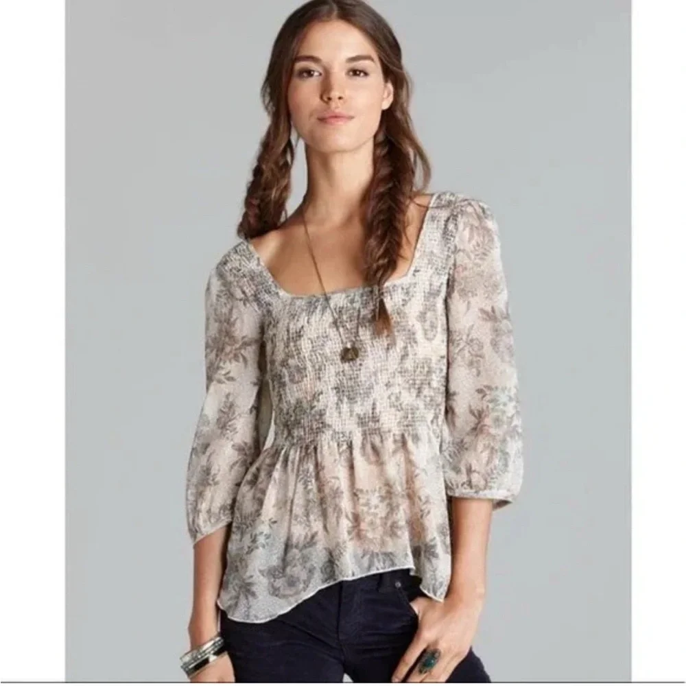 Free People Cream Tan Floral Ever After Blouse Medium Chiffon - Picture 2 of 10